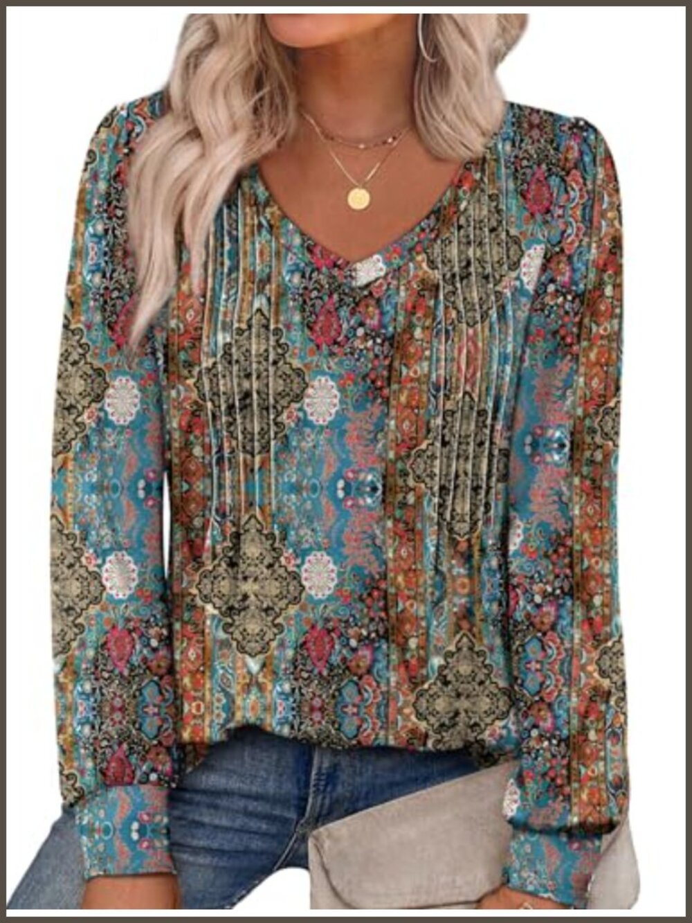 Women's V-Neck Pleated Long Sleeve Tunic Blouse Floral Print Top